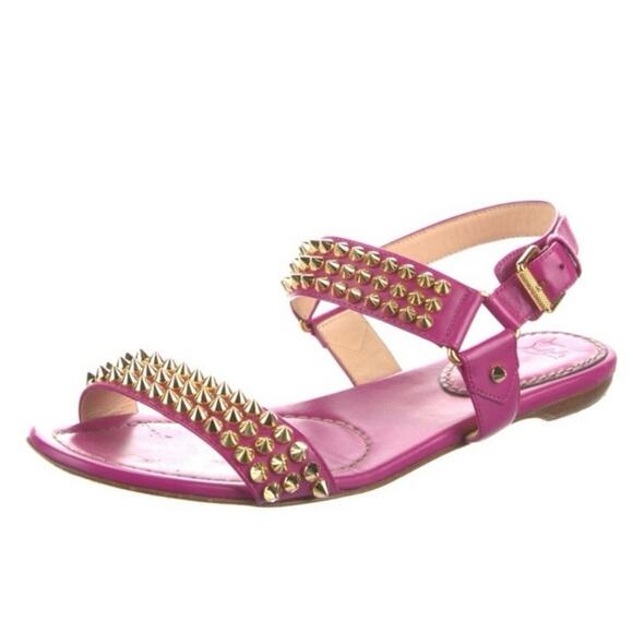 Christian Louboutin Bikee Bike Spikes Flat Sandal Pink Leather Gold Size 7 - Picture 5 of 7